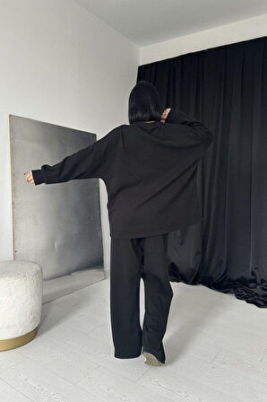 Siyah Klasik Fitilli Kazak Ve Pantolon Takım