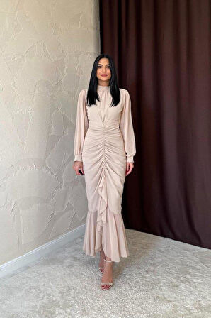 Bej Önü Büzgülü Şifon Elbise