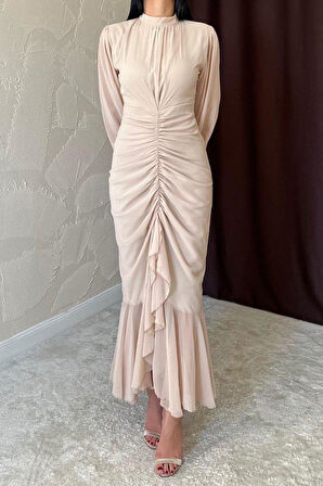 Bej Önü Büzgülü Şifon Elbise