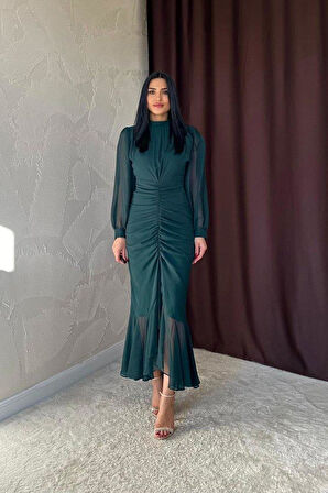 Zümrüt Önü Büzgülü Şifon Elbise