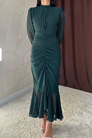 Zümrüt Önü Büzgülü Şifon Elbise