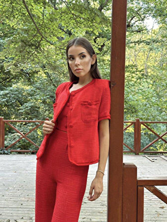 Kırmızı Askılı Büstiyer Ceket Ve Pantolon Takım