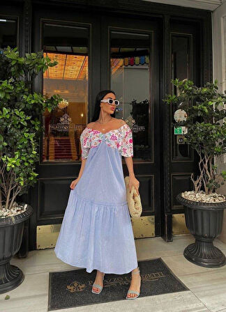 RENKLİ NAKIŞ DESENLİ ELBİSE - Mavi