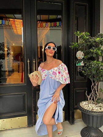 RENKLİ NAKIŞ DESENLİ ELBİSE - Mavi