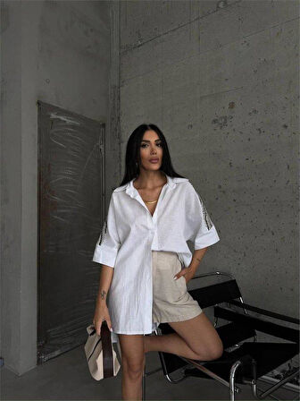 ARKASI FİLE TÜL PARÇALI GÖMLEK - Bej