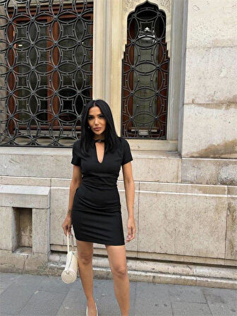 POLO YAKA YAKA KEMER DETAYLI KALEM ELBİSE - Siyah