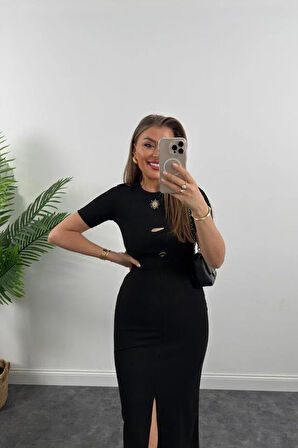 Kadın Ottoman Kumaş Likralı Düğme Tasarımlı Kısa Kol Kalem Elbise