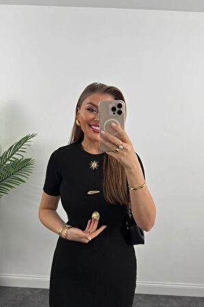 Kadın Ottoman Kumaş Likralı Düğme Tasarımlı Kısa Kol Kalem Elbise