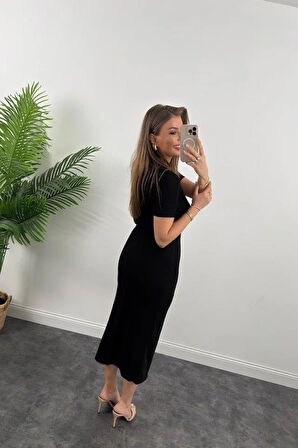 Kadın Ottoman Kumaş Likralı Düğme Tasarımlı Kısa Kol Kalem Elbise