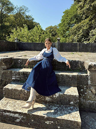 Mavi Midi Boy Bantlı Kot Elbise