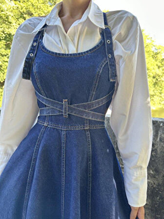 Mavi Midi Boy Bantlı Kot Elbise