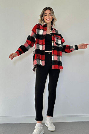 Kırmızı Buklet Cepli Zincir Taşlı Gömlek