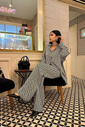 Yeşil Dijital Desenli Gömlek Ve Pantolon Takım