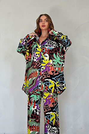 Kahverengi Dijital Desenli Gömlek Ve Pantolon Takım