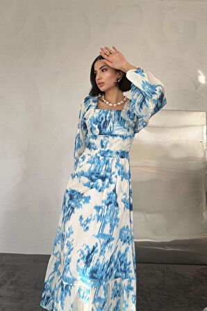 Mavi Arkası Gipeli Uzun Elbise