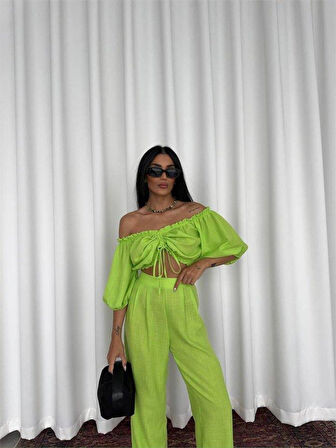 KETEN CROP BLUZ BÜZGÜ YAKA + PANTOLON TAKIM - Yeşil