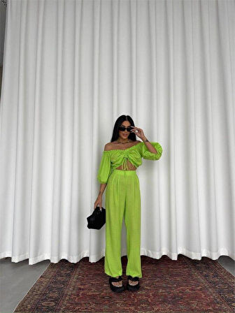 KETEN CROP BLUZ BÜZGÜ YAKA + PANTOLON TAKIM - Yeşil