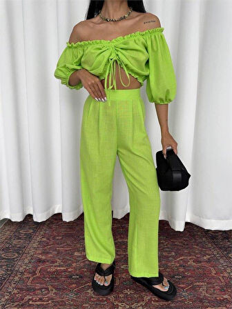 KETEN CROP BLUZ BÜZGÜ YAKA + PANTOLON TAKIM - Yeşil