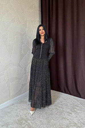 Siyah Dantelli Taşlı Şeritli Elbise