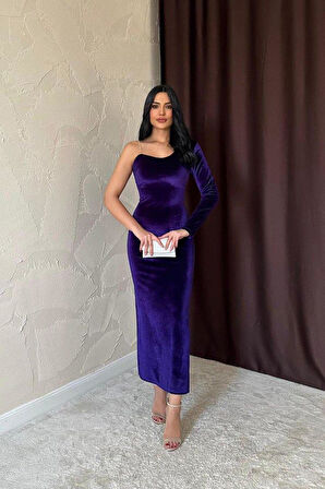 Mor Tek Omuzlu Taş Askılı Elbise