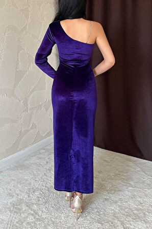 Mor Tek Omuzlu Taş Askılı Elbise