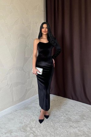 Siyah Tek Omuzlu Taş Askılı Elbise