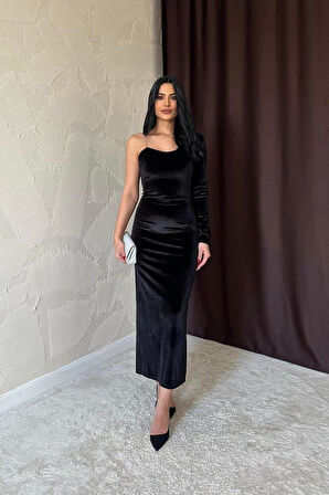 Siyah Tek Omuzlu Taş Askılı Elbise