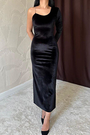 Siyah Tek Omuzlu Taş Askılı Elbise