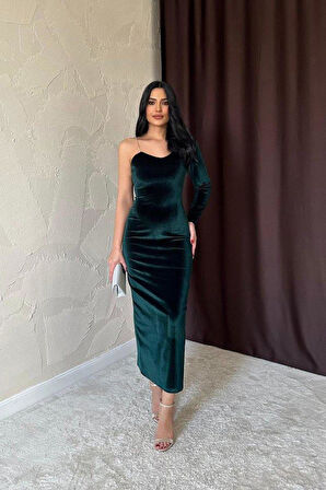 Zümrüt Tek Omuzlu Taş Askılı Elbise