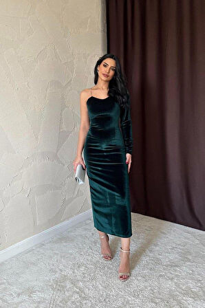 Zümrüt Tek Omuzlu Taş Askılı Elbise