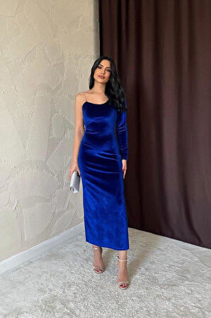 Saks Tek Omuzlu Taş Askılı Elbise
