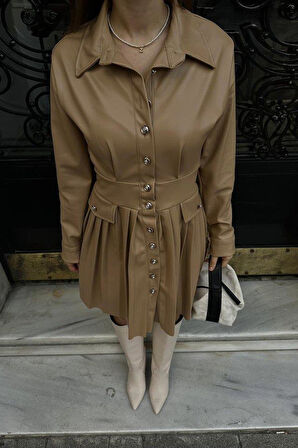 Bej Piliseli Deri Elbise