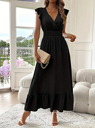 Kadın Kısa Kollu Kruvaze Yakalı Beli Lastikli Müslim Elbise