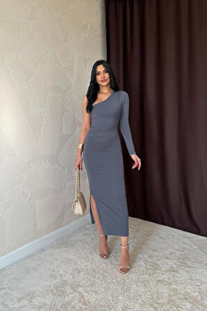 Gri Büzgü Detaylı Tek Omuz Elbise