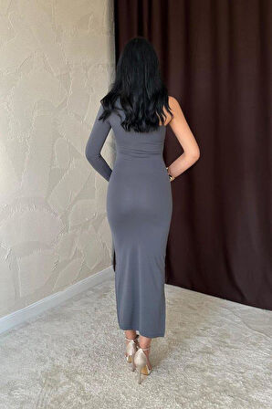 Gri Büzgü Detaylı Tek Omuz Elbise