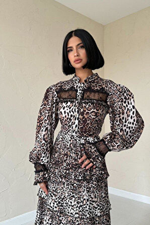 Leopar Pilise Detaylı Lastikli Elbise