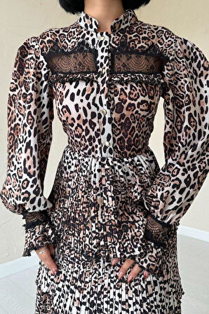 Leopar Pilise Detaylı Lastikli Elbise
