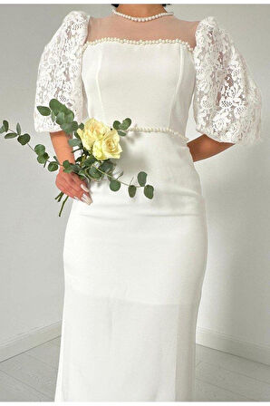 Ekru İncili Tül Detay Elbise