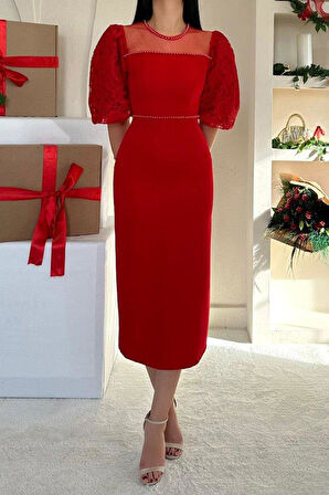Kırmızı İncili Tül Detay Elbise