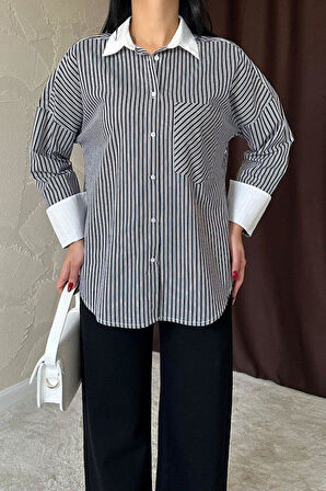 Siyah Çizgili Poplin Uzun Kol Gömlek