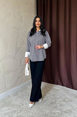 Siyah Çizgili Poplin Uzun Kol Gömlek