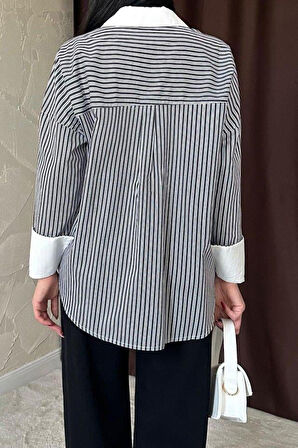 Siyah Çizgili Poplin Uzun Kol Gömlek