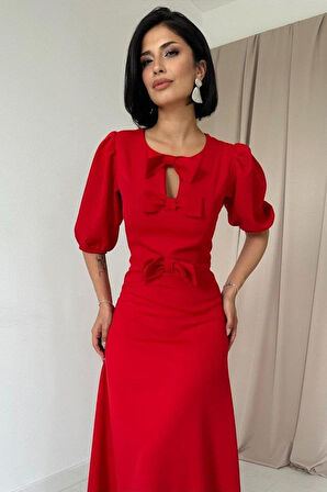 Kırmızı Fiyonklu Midi Elbise