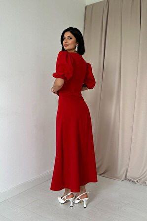 Kırmızı Fiyonklu Midi Elbise
