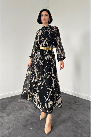 Siyah Reglan Kol Baskılı Elbise