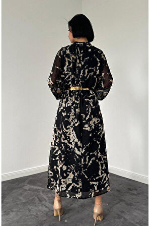 Siyah Reglan Kol Baskılı Elbise