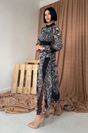 Siyah Reglan Kol Parçalı Baskılı Elbise