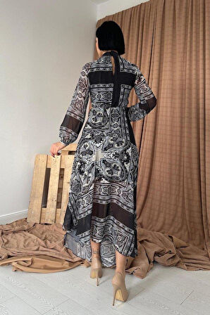 Siyah Reglan Kol Parçalı Baskılı Elbise