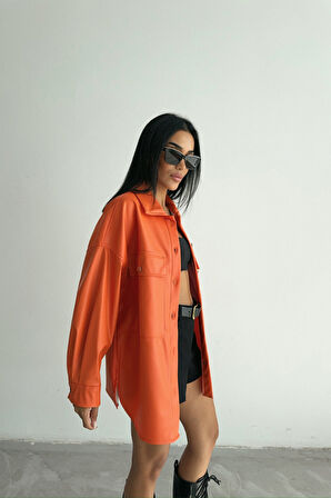 DÜĞMELİ DERİ GÖMLEK BOYFRİEND - Turuncu