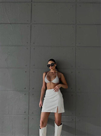 KAPİTONE DERİ ETEK YIRTMAÇLI - Beyaz